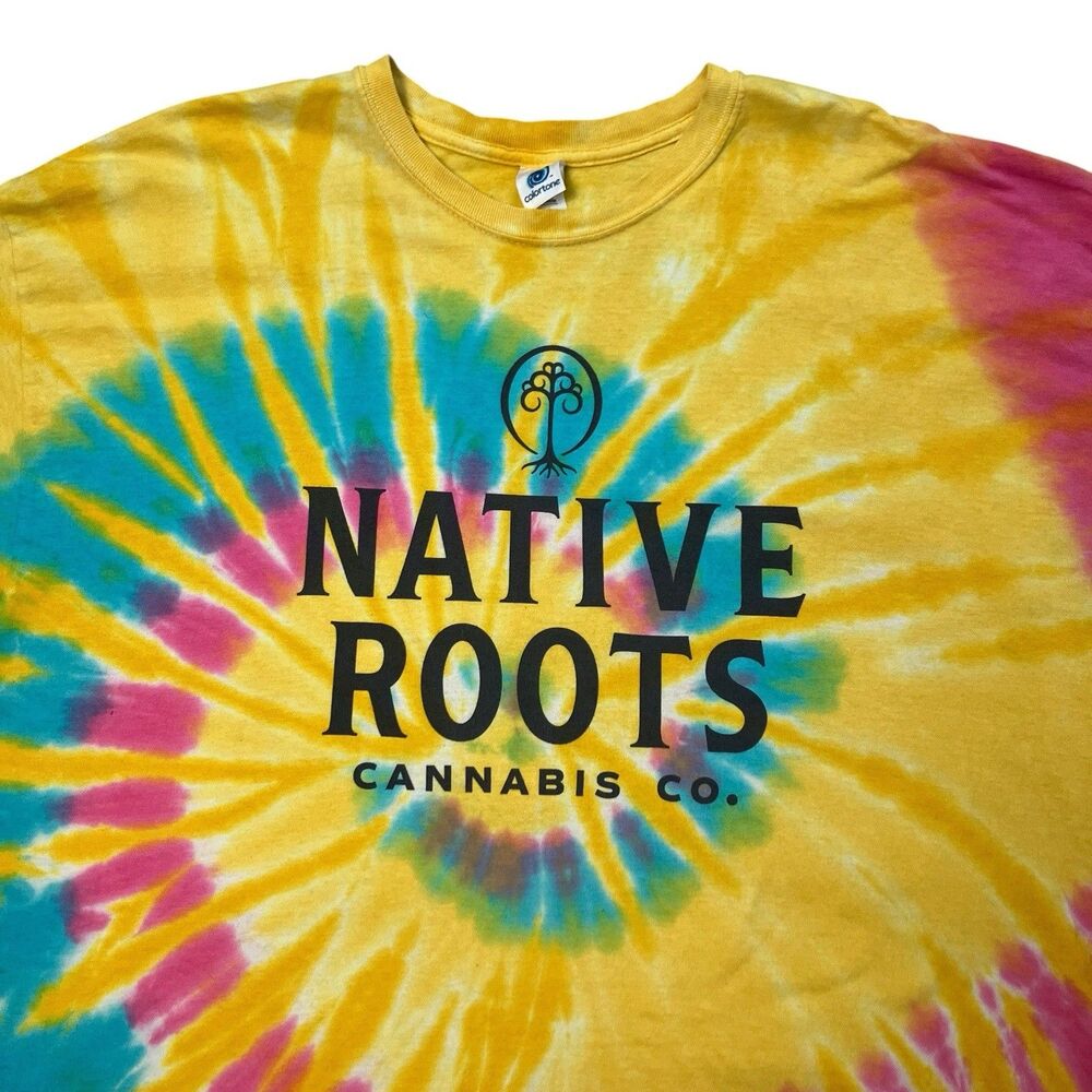 Native Roots T Shirt Mens 2XL Yellow Cotton Cannabis Co Tie Dye Retro Graphic